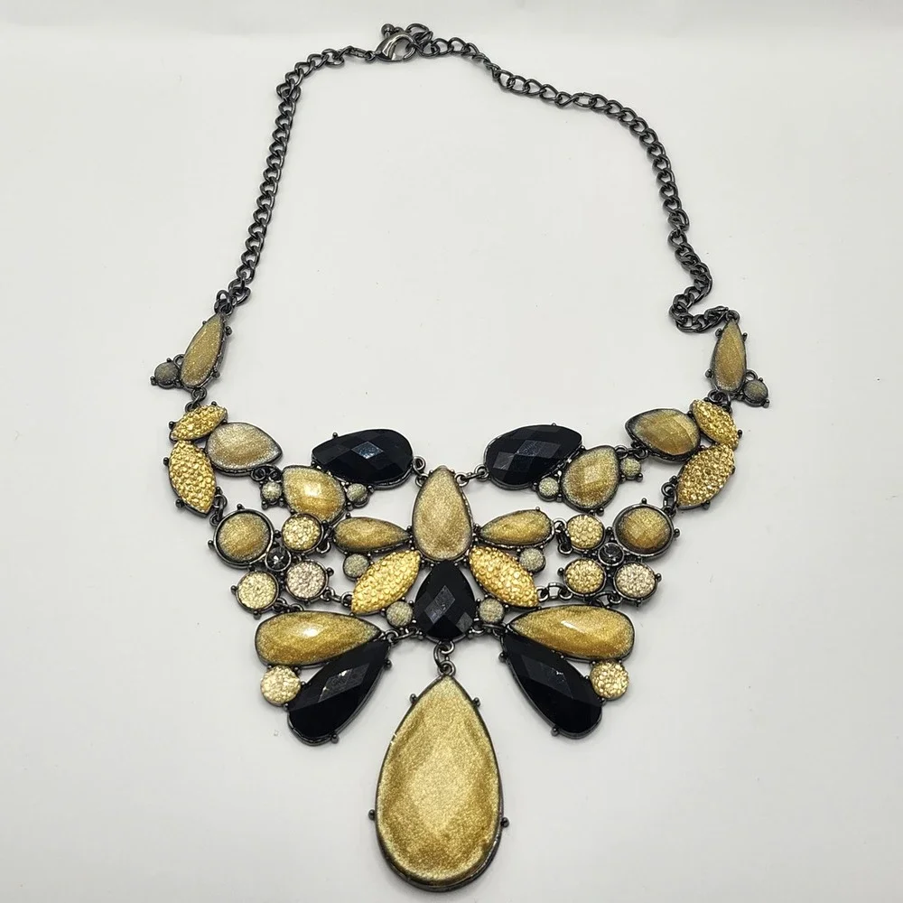 Gold and Black Statement Bib Necklace Gunmetal Chain Teardrop Rhinestone Accents